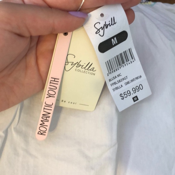 White Linen Blouse, colored embroidered band, and ruffled arm sleeves - Picture 4 of 5